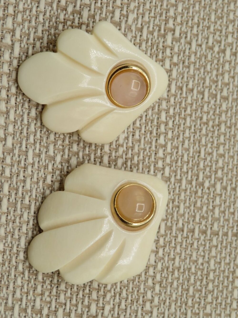 Vintage Rose Quartz Stud Earrings with Removable Cream White Leaf Jacket